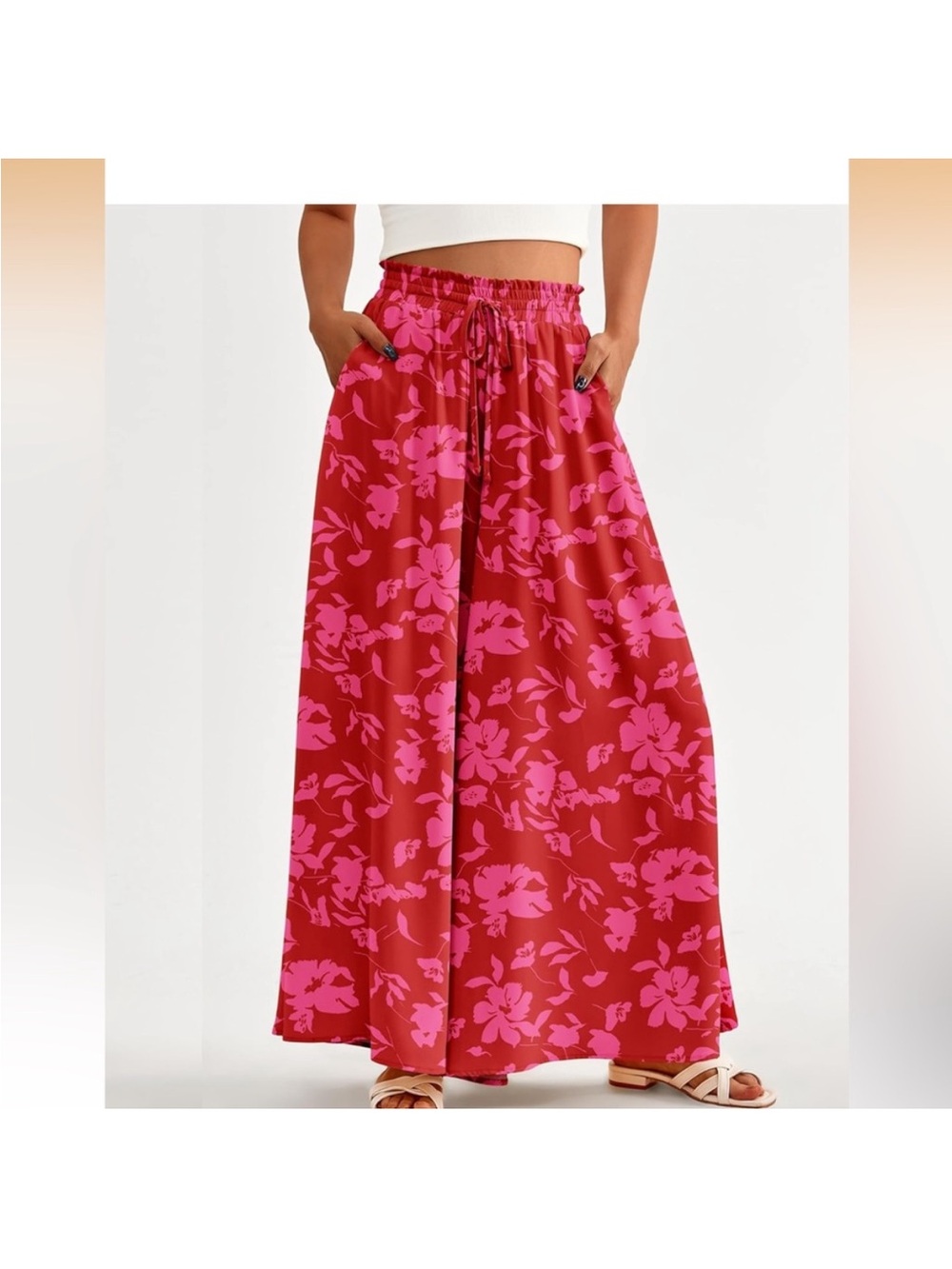 Women's Wide-Leg Floral Pants - Pink on Red